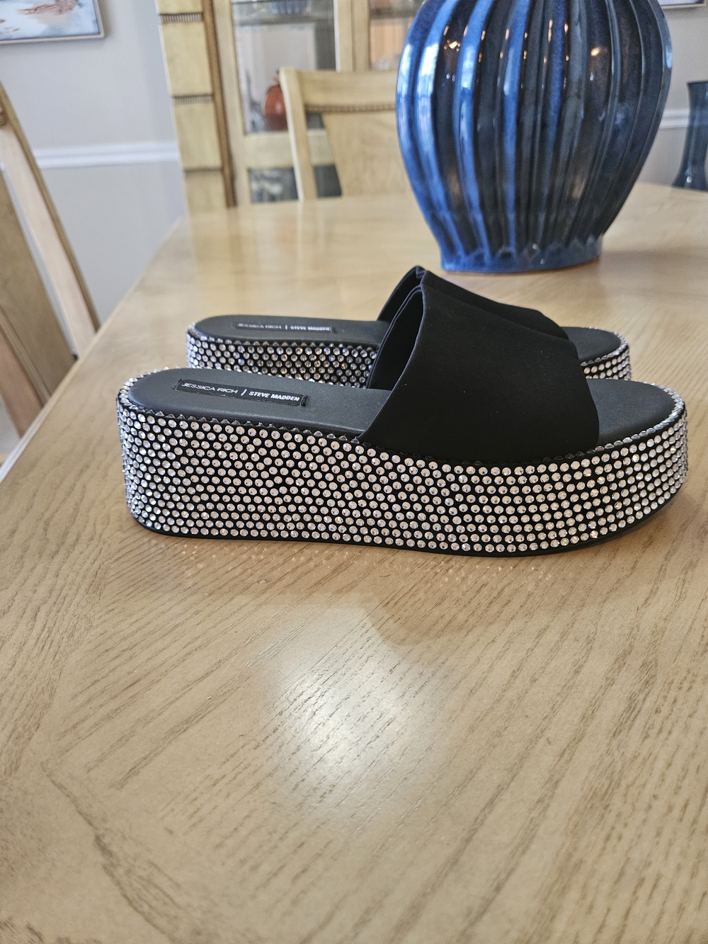 Steve Madden/Jessica Rich Black Crystal-Embellished Platform Slide Sandals